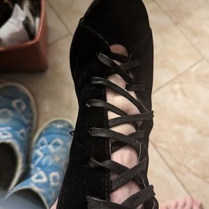 Size 8, Ladies Black boots. Faux Velvet, Lace and Zipper